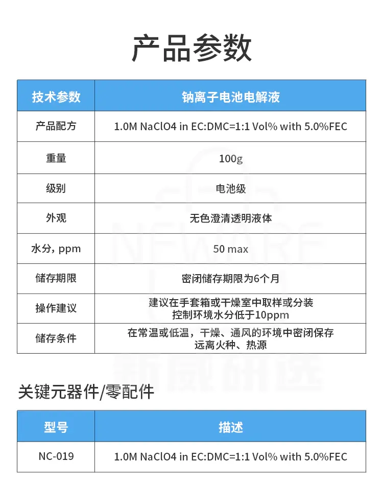 钠离子电池电解液的产品参数